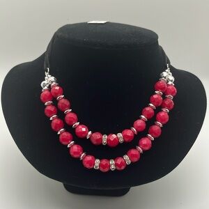 #25 double strand faceted red stone necklace w/ beads on black rope/ex…